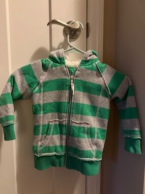 Boden Kids Green & Gray Striped Hooded Zip Sweatshirt